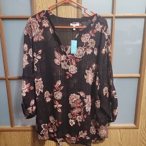 Maurices Sheer Black and Pink Floral Blouse 3x NWT